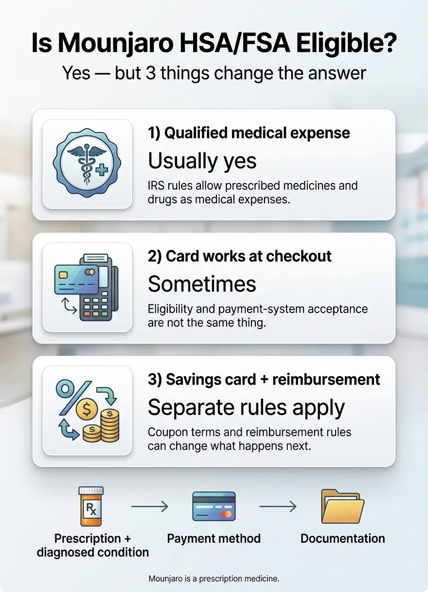 Is Mounjaro HSA/FSA Eligible? Yes \u2014 but 3 things change the answer: (1) qualified medical expense \u2014 usually yes; (2) card works at checkout \u2014 sometimes; (3) savings card plus reimbursement \u2014 separate rules apply.
