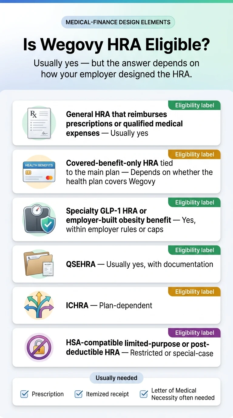 Is Wegovy HRA Eligible? Six HRA types and their eligibility: General HRA that reimburses prescriptions or qualified medical expenses (usually yes), Covered-benefit-only HRA tied to the main plan (depends on whether the health plan covers Wegovy), Specialty GLP-1 HRA or employer-built obesity benefit (yes, within employer rules or caps), QSEHRA (usually yes with documentation), ICHRA (plan-dependent), HSA-compatible limited-purpose or post-deductible HRA (restricted or special-case). Usually needed: prescription, itemized receipt, and Letter of Medical Necessity often needed.