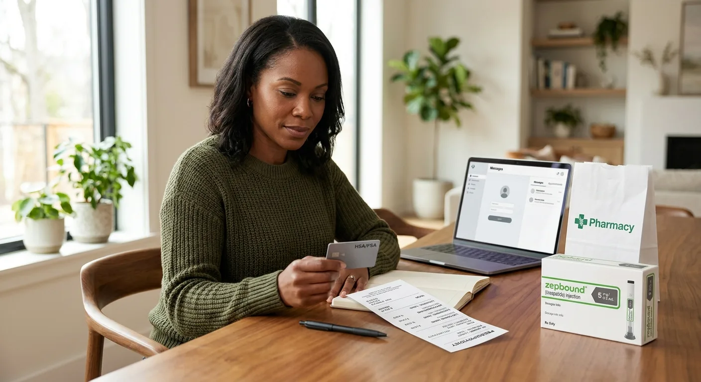 Woman reviewing her HSA/FSA card next to a Zepbound (tirzepatide injection) prescription box and laptop — illustrating how to use pre-tax health account funds for Zepbound self-pay.