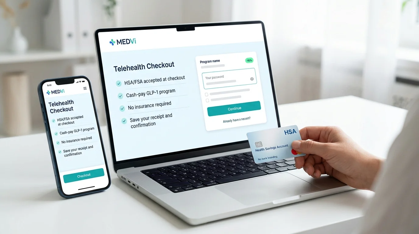 MEDVi telehealth checkout on laptop and phone showing HSA/FSA accepted, cash-pay GLP-1 program, no insurance required — hand holding HSA card