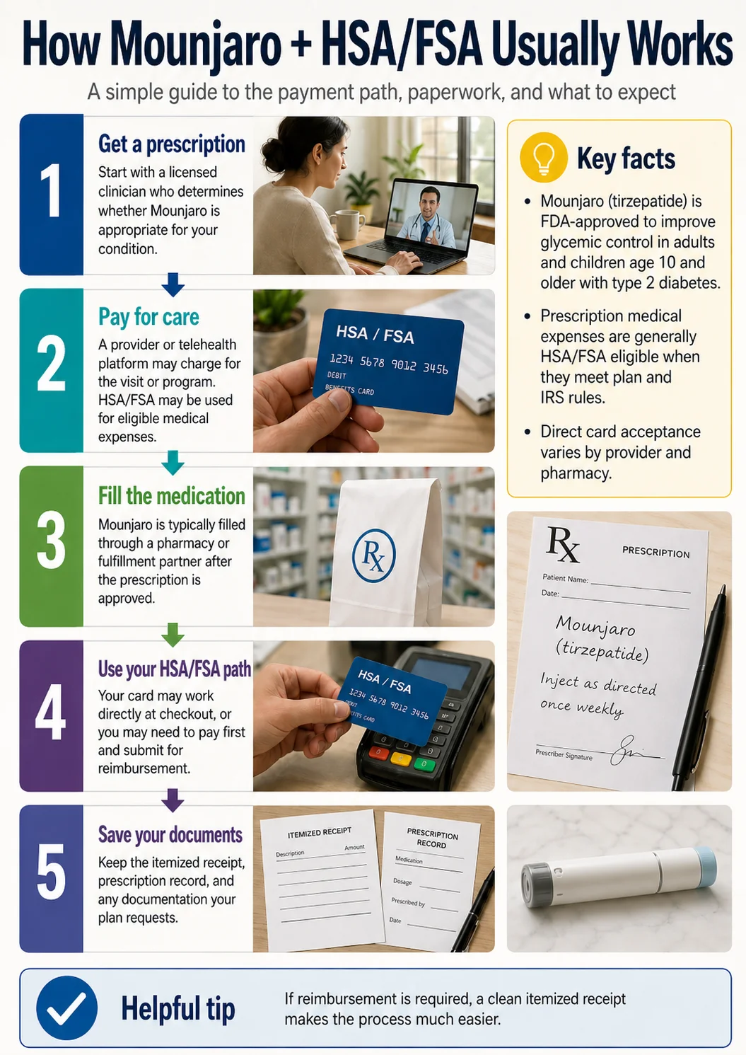 How Mounjaro and HSA/FSA usually works — 5-step payment path: get a prescription, pay for care, fill the medication, use your HSA/FSA path, save your documents