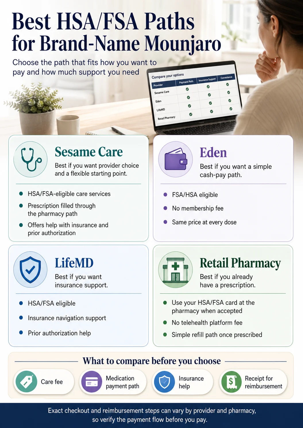 Provider comparison table for cash-pay GLP-1 programs including Embody — showing HSA/FSA eligibility, medication type, pricing, and who each provider is best suited for