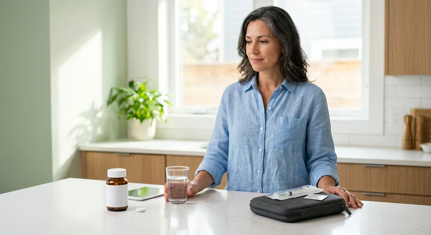 Woman at kitchen counter deciding between daily GLP-1 pill and weekly injection for weight loss — Foundayo vs retatrutide choice