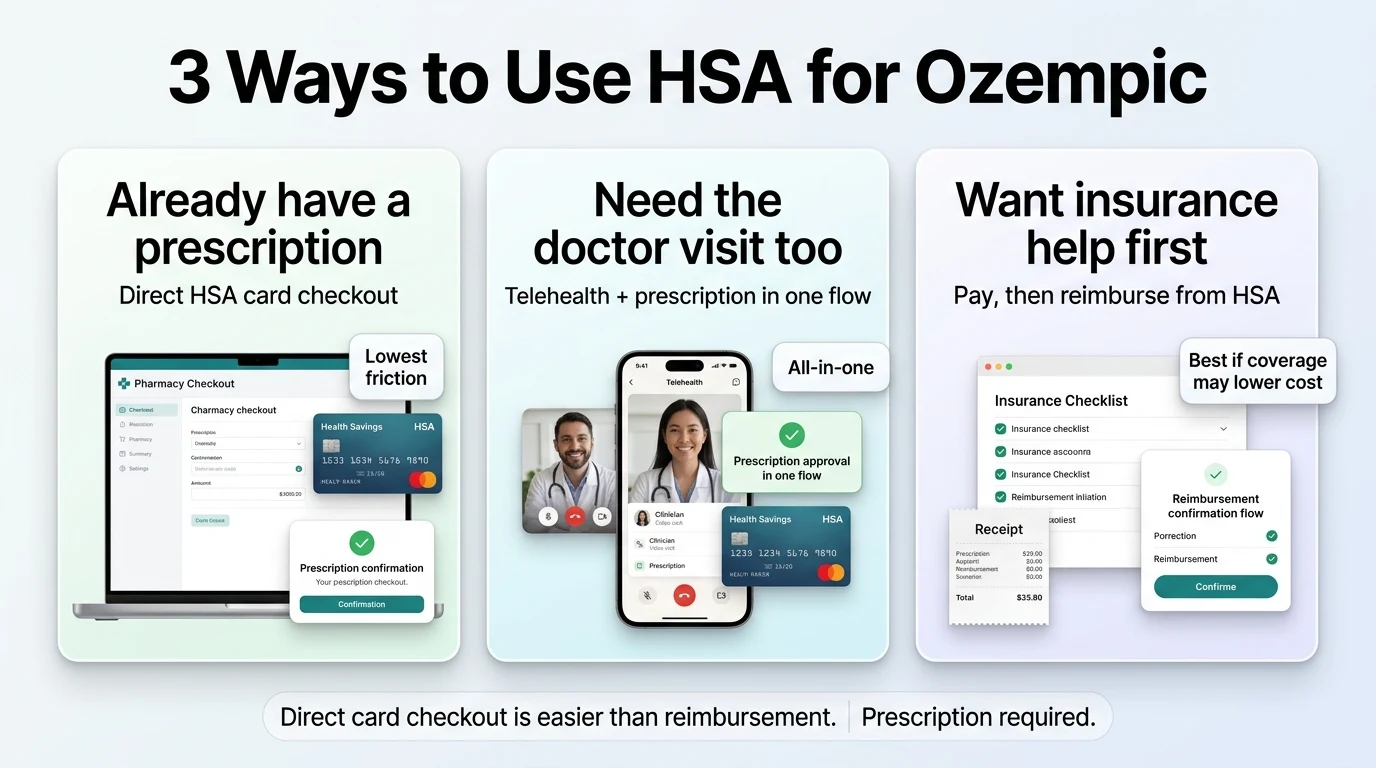 3 ways to use HSA for Ozempic: already have a prescription for direct HSA card checkout with lowest friction, need the doctor visit too for all-in-one telehealth plus prescription flow, or want insurance help first to pay then reimburse from HSA — direct card checkout is easier than reimbursement and prescription is required