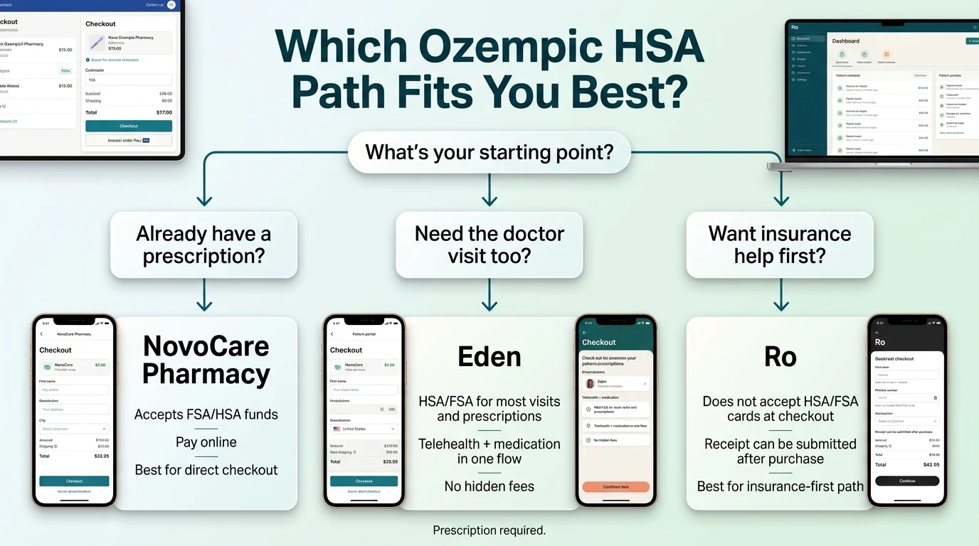 Which Ozempic HSA path fits you best? Flowchart: already have a prescription goes to NovoCare Pharmacy which accepts FSA/HSA funds and is best for direct checkout. Need the doctor visit too goes to a telehealth GLP-1 provider that handles the visit and prescription in one flow. Want insurance help first goes to Ro which does not accept HSA/FSA cards at checkout but receipt can be submitted after purchase and is best for the insurance-first path.