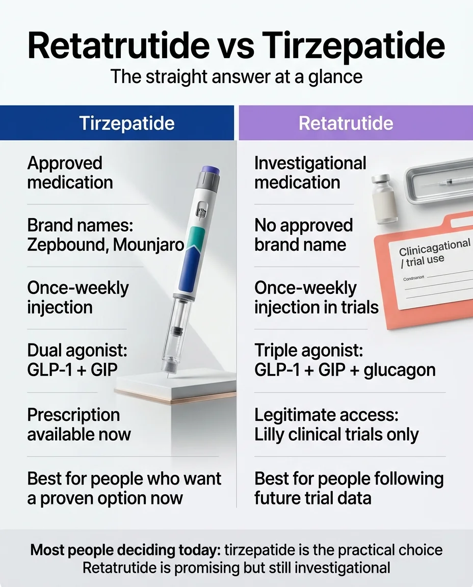 Retatrutide vs tirzepatide at a glance — tirzepatide is FDA-approved with brand names Zepbound (obesity) and Mounjaro (diabetes), dual agonist GLP-1 plus GIP, prescription available now; retatrutide is investigational, no approved brand name, triple agonist GLP-1 plus GIP plus glucagon, legitimate access only through Lilly clinical trials