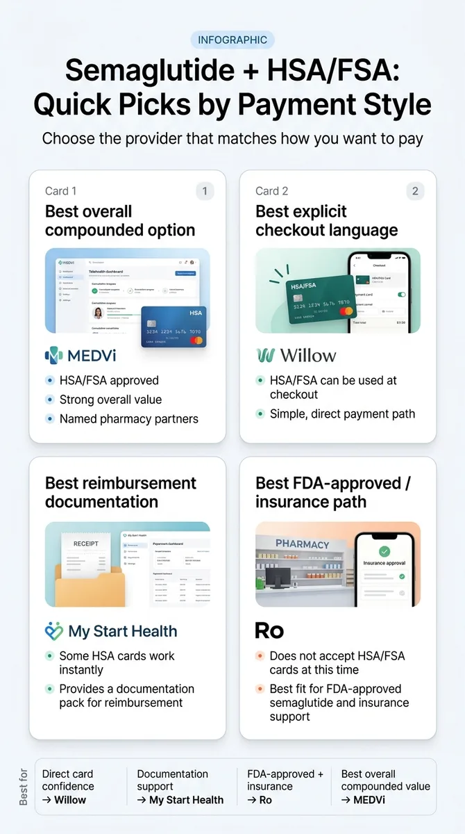 Infographic: Semaglutide + HSA/FSA quick picks by payment style. Card 1: MEDVi — best overall compounded option. Card 2: Willow — best explicit checkout language. Card 3: My Start Health — best reimbursement documentation. Card 4: Ro — best FDA-approved/insurance path.