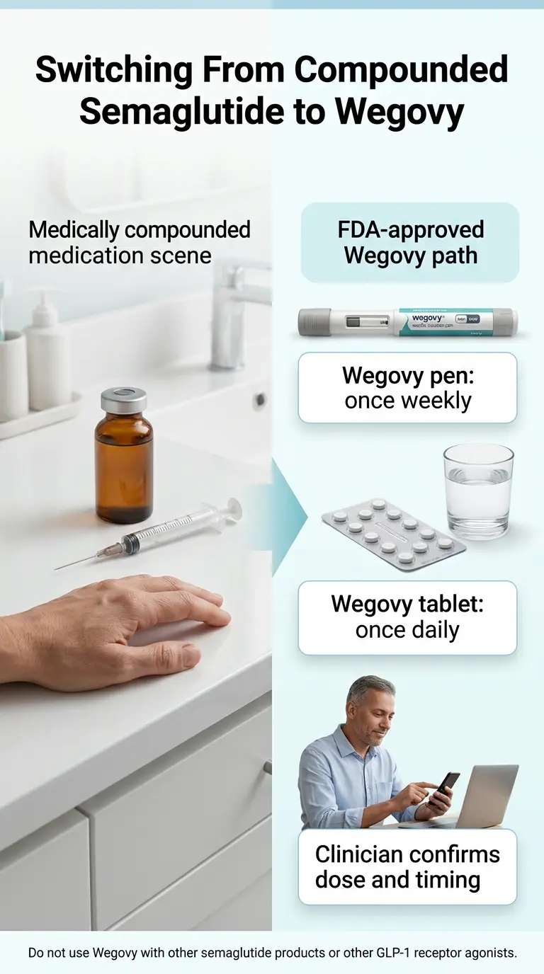 Switching From Compounded Semaglutide to Wegovy: compounded medication vial and syringe on left, FDA-approved Wegovy pen (once weekly) and Wegovy tablet (once daily) paths on right, with clinician confirming dose and timing.