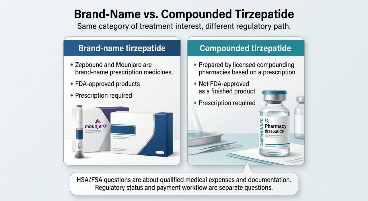 Infographic: Brand-name vs. compounded tirzepatide for HSA/FSA. Brand-name: Zepbound and Mounjaro are FDA-approved prescription medicines. Compounded: prepared by licensed compounding pharmacies based on a prescription, not FDA-approved as a finished product. HSA/FSA questions are about qualified medical expenses and documentation — regulatory status and payment workflow are separate questions.