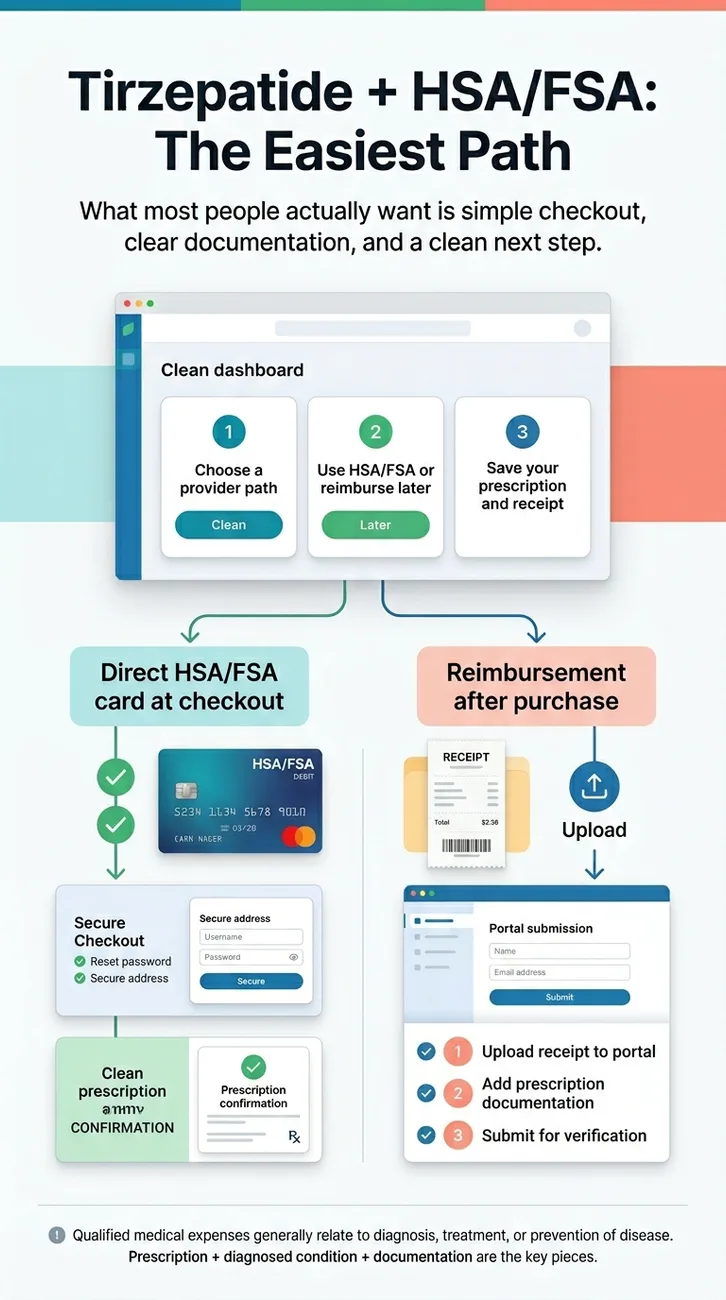 Infographic: Tirzepatide + HSA/FSA — the easiest path. Two options: direct HSA/FSA card at checkout (choose provider, use HSA/FSA card, save prescription and receipt) or reimbursement after purchase (upload receipt to portal, add prescription documentation, submit for verification). Note: Qualified medical expenses generally relate to diagnosis, treatment, or prevention of disease.