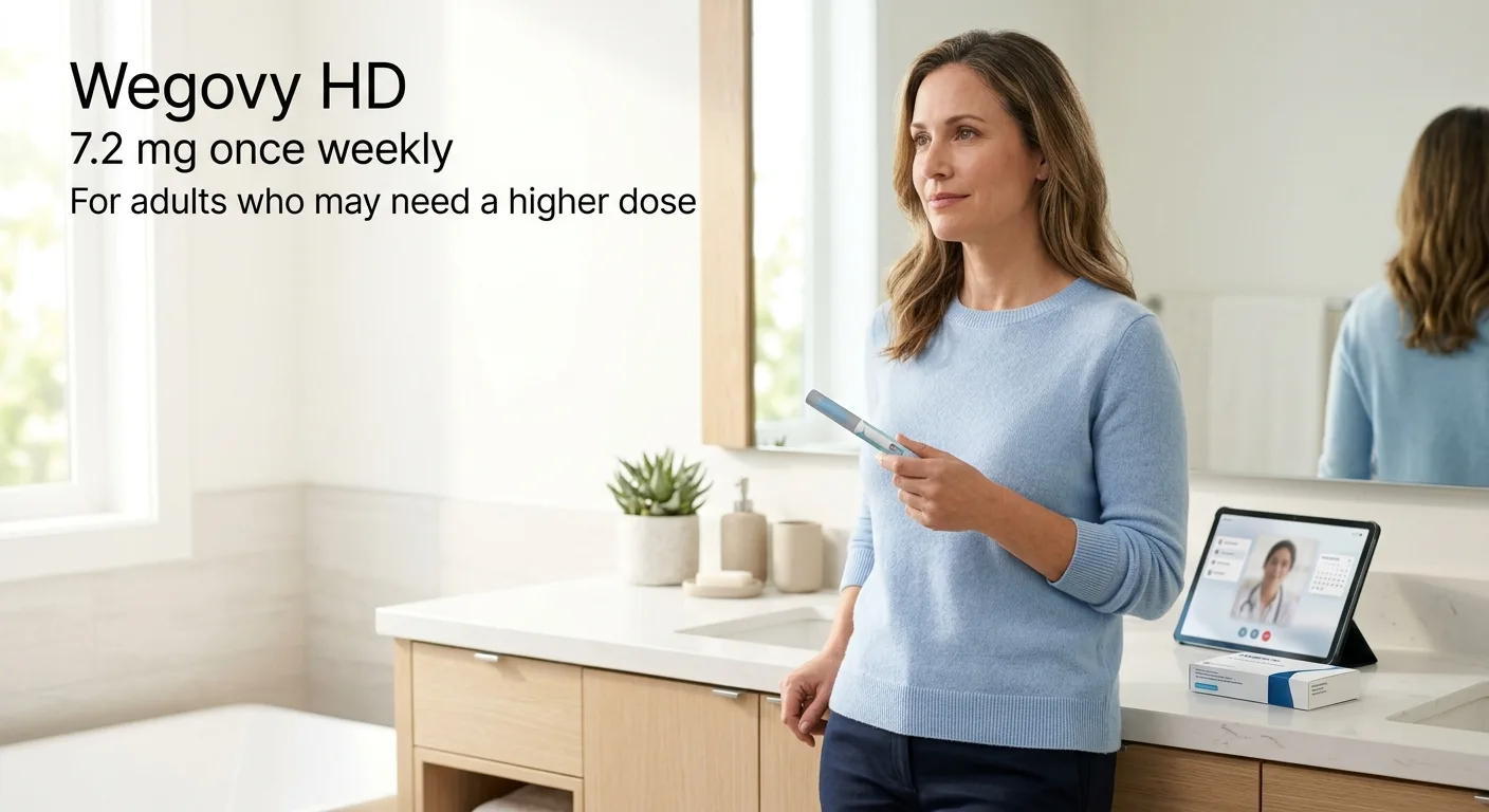 Wegovy HD 7.2 mg once weekly — for adults who may need a higher dose. A woman holding a Wegovy pen at home during a telehealth visit, with a clinician visible on a tablet on the bathroom counter.