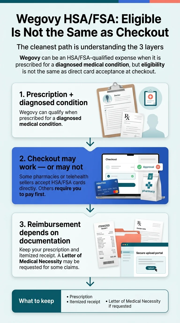 Wegovy HSA/FSA: eligible is not the same as checkout. The cleanest path is understanding the three layers — (1) prescription with a diagnosed condition, (2) checkout may or may not accept HSA/FSA cards directly, and (3) reimbursement depends on documentation including prescription, itemized receipt, and Letter of Medical Necessity.