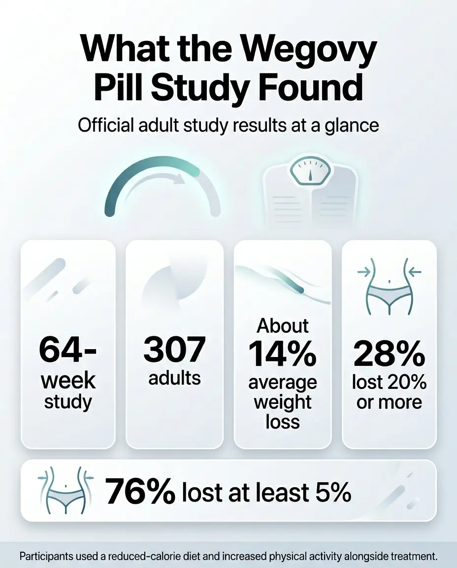 What the Wegovy pill study found: OASIS 4 official adult study results at a glance — 64-week study of 307 adults showed about 13.6% average weight loss, 28% lost 20% or more, 76% lost at least 5%