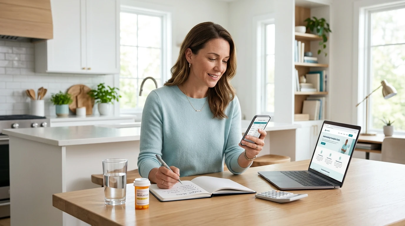 Woman researching Wegovy pill cost without insurance on her phone and laptop at her kitchen table, with a prescription pill bottle and notes visible