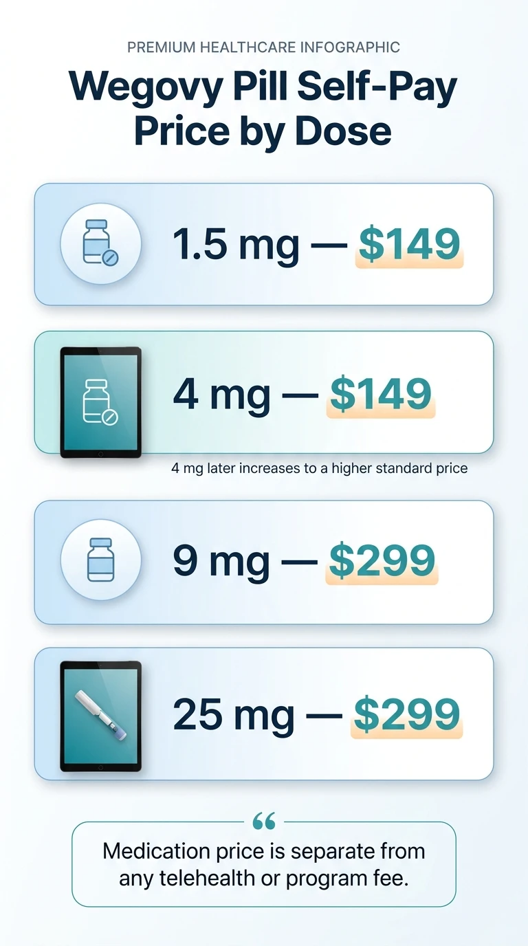 Wegovy pill standard self-pay prices per 30-tablet fill: 1.5 mg $149, 4 mg $199, 9 mg $299, and 25 mg $299. Medication prices exclude provider fees; a limited NovoCare fulfillment exception is explained in the accompanying text.