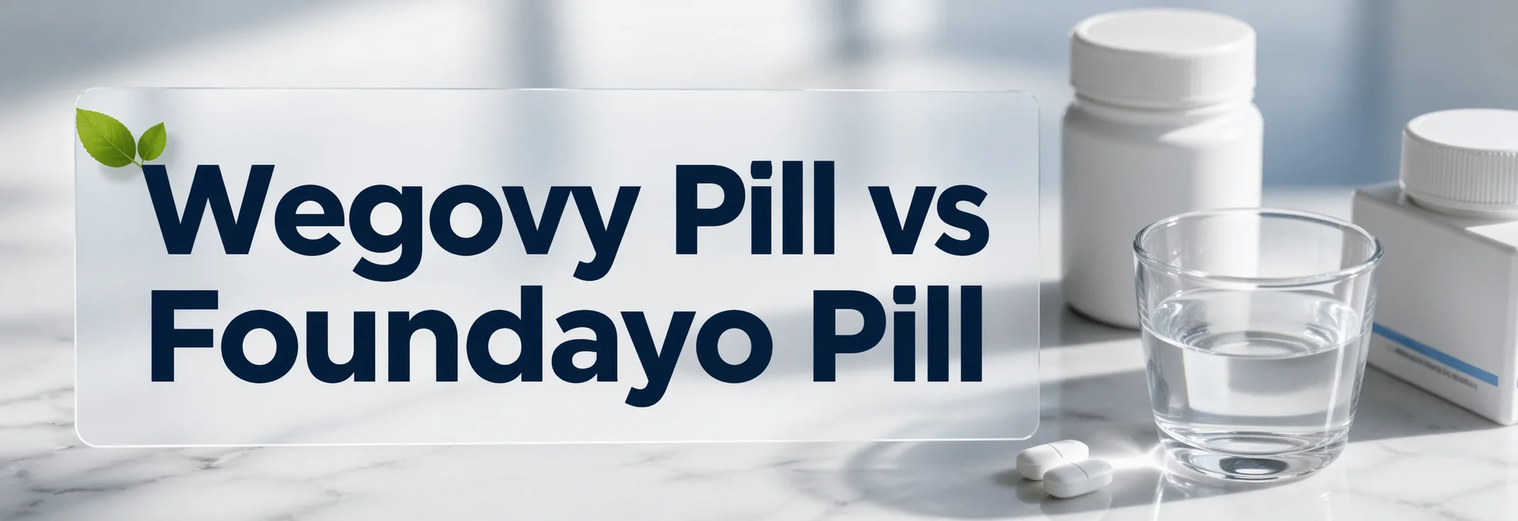 Wegovy Pill vs Foundayo Pill — two FDA-approved oral GLP-1 weight-loss tablets on a marble counter with a glass of water; Wegovy (oral semaglutide by Novo Nordisk) requires an empty-stomach 30-minute morning window, Foundayo (orforglipron by Eli Lilly) can be taken any time with or without food