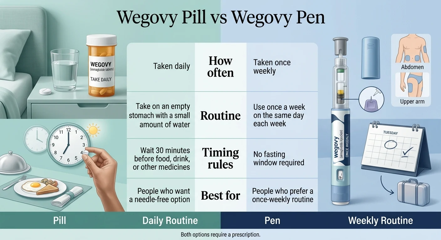 Wegovy pill vs Wegovy pen side-by-side: daily tablet with no needles, room temperature storage vs once-weekly self-injection pen with refrigeration and no daily morning routine