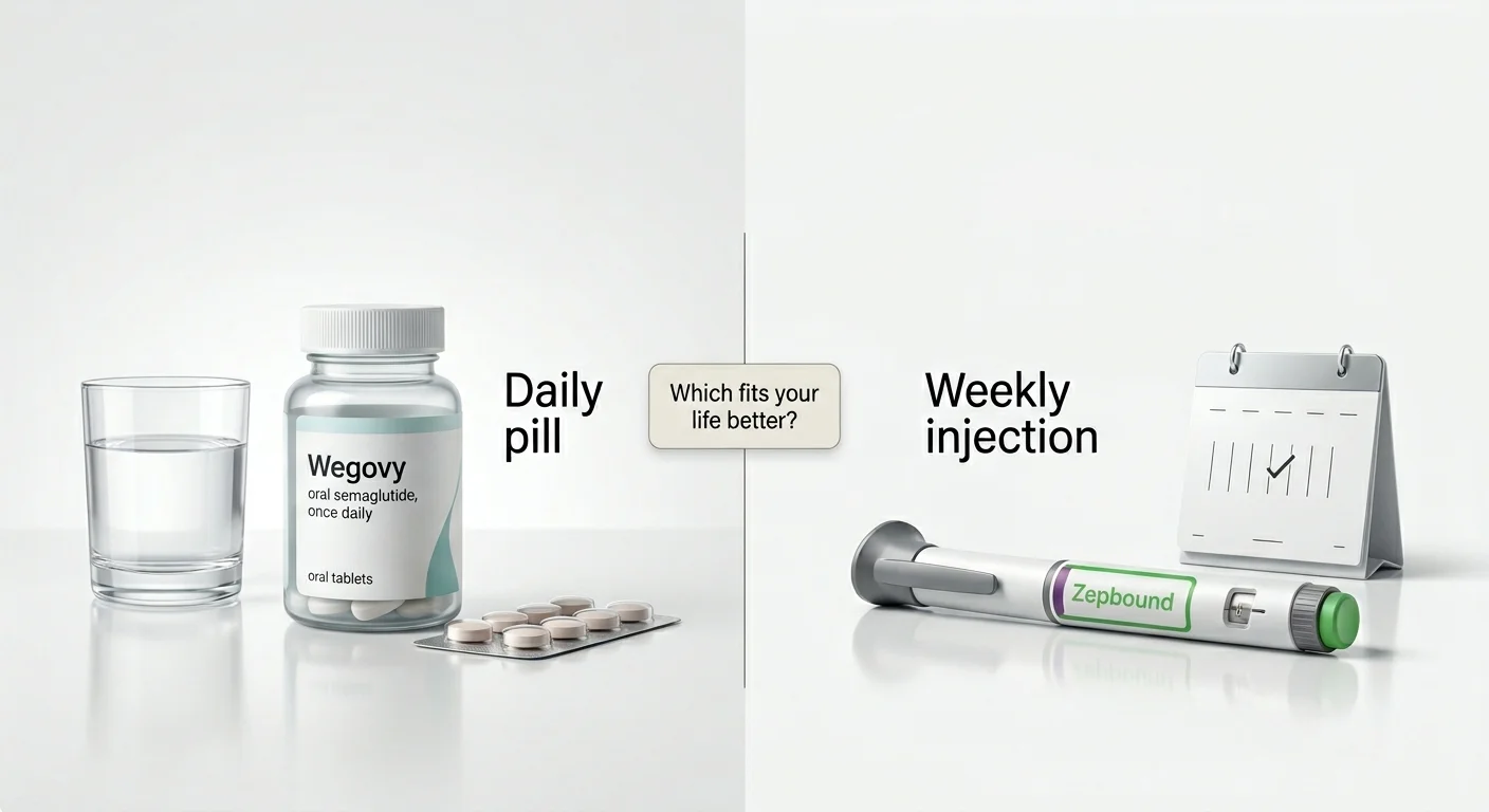 Wegovy pill (oral semaglutide, once daily) on the left vs Zepbound weekly injection on the right — which fits your life better? Daily pill or weekly injection for GLP-1 weight loss treatment.