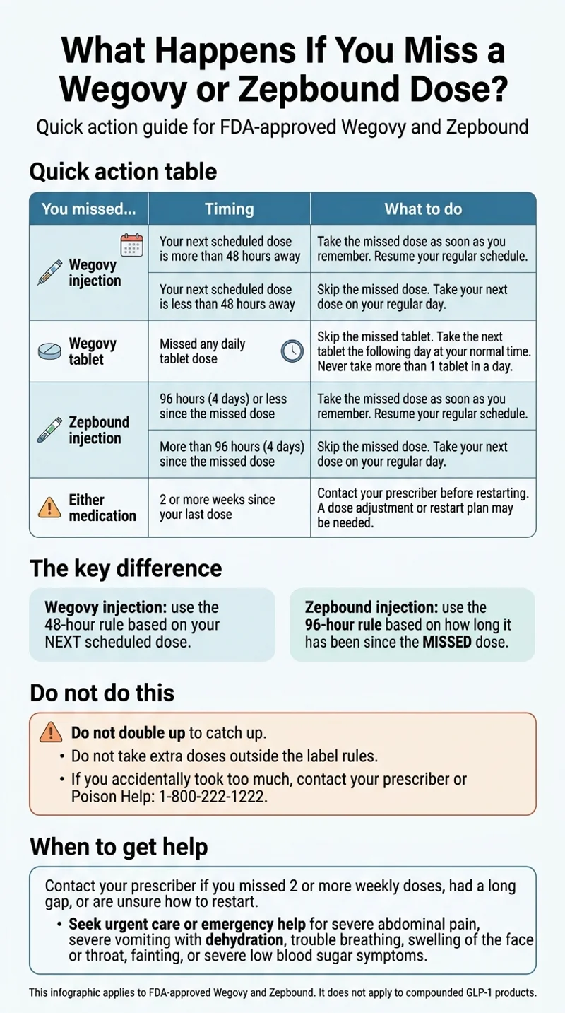 Wegovy and Zepbound missed dose quick action guide — 48-hour rule for Wegovy injection vs 96-hour rule for Zepbound injection, with what to do in each scenario