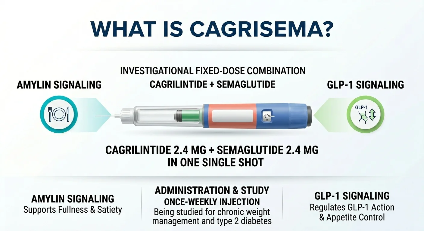 What Is CagriSema infographic: cagrilintide 2.4 mg plus semaglutide 2.4 mg in one single once-weekly injection pen. Left panel shows Amylin Signaling with a plate-and-fork icon, supporting fullness and satiety. Right panel shows GLP-1 Signaling with a receptor icon, regulating appetite control. Center text reads: Administration and Study \u2014 once-weekly injection, being studied for chronic weight management and type 2 diabetes.