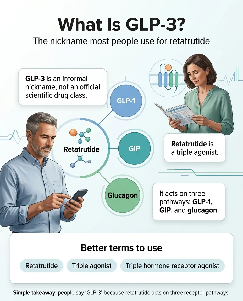 What Is GLP-3? The nickname most people use for retatrutide. GLP-3 is an informal nickname, not an official scientific drug class. Retatrutide is a triple agonist that acts on three pathways: GLP-1, GIP, and Glucagon. Better terms to use: Retatrutide, Triple agonist, Triple hormone receptor agonist. Simple takeaway: people say GLP-3 because retatrutide acts on three receptor pathways.