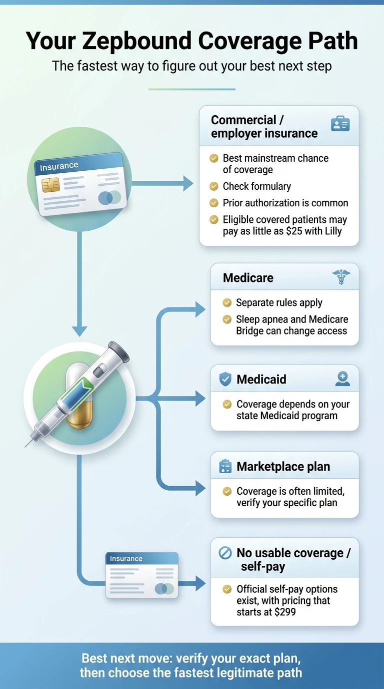 Your Zepbound Coverage Path decision guide showing 5 insurance types. Commercial/employer insurance: best mainstream chance of coverage, check formulary, prior authorization is common, eligible covered patients may pay as little as $25 with Lilly. Medicare: separate rules apply, sleep apnea and Medicare Bridge can change access. Medicaid: coverage depends on your state Medicaid program. Marketplace plan: coverage is often limited, verify your specific plan. No usable coverage / self-pay: official self-pay options exist, with pricing that starts at $299. Bottom note: verify your exact plan, then choose the fastest legitimate path.