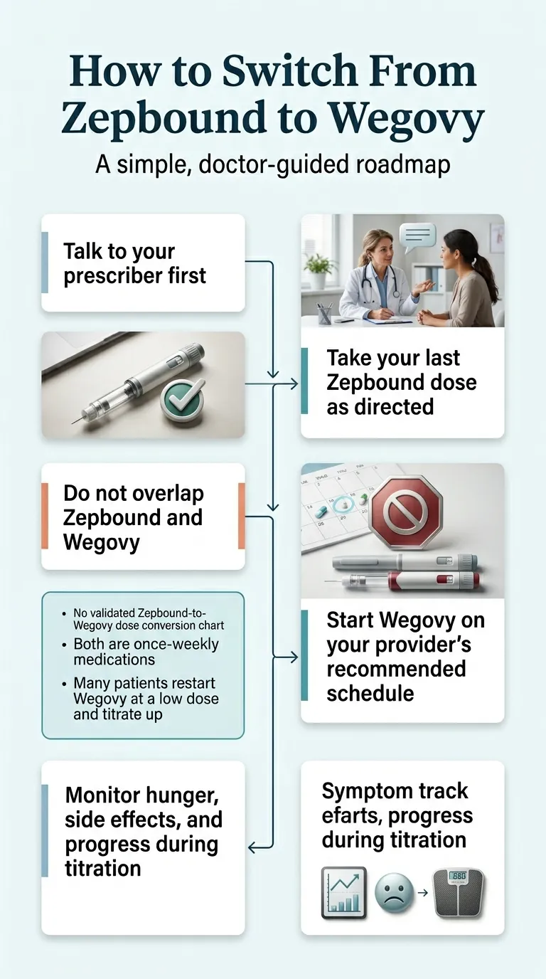 How to switch from Zepbound to Wegovy — doctor-guided roadmap: talk to prescriber, take last Zepbound dose, do not overlap, start Wegovy at prescribed dose, monitor progress