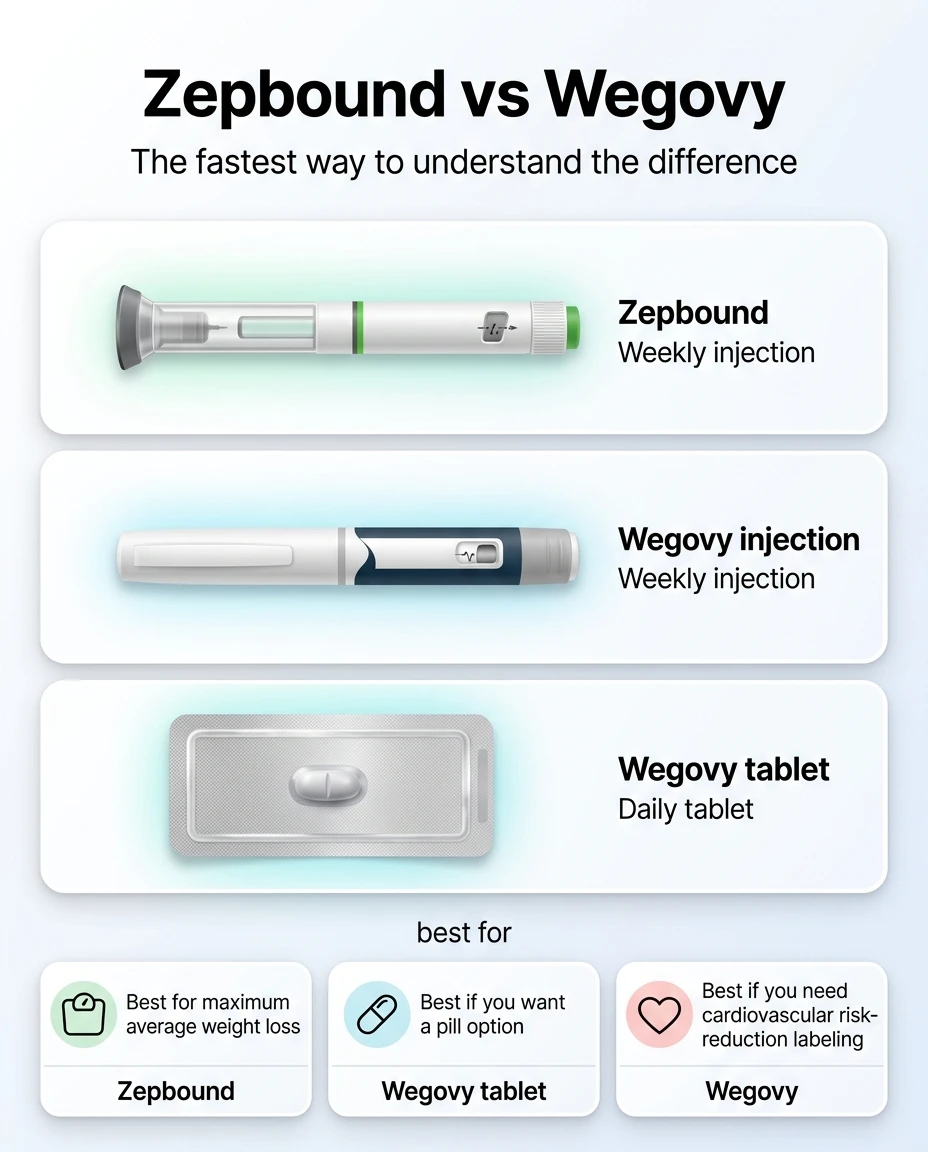 Zepbound vs Wegovy comparison infographic — Zepbound weekly injection is best for maximum average weight loss; Wegovy tablet daily pill is best for a pill option; Wegovy injection is best for cardiovascular risk-reduction labeling.