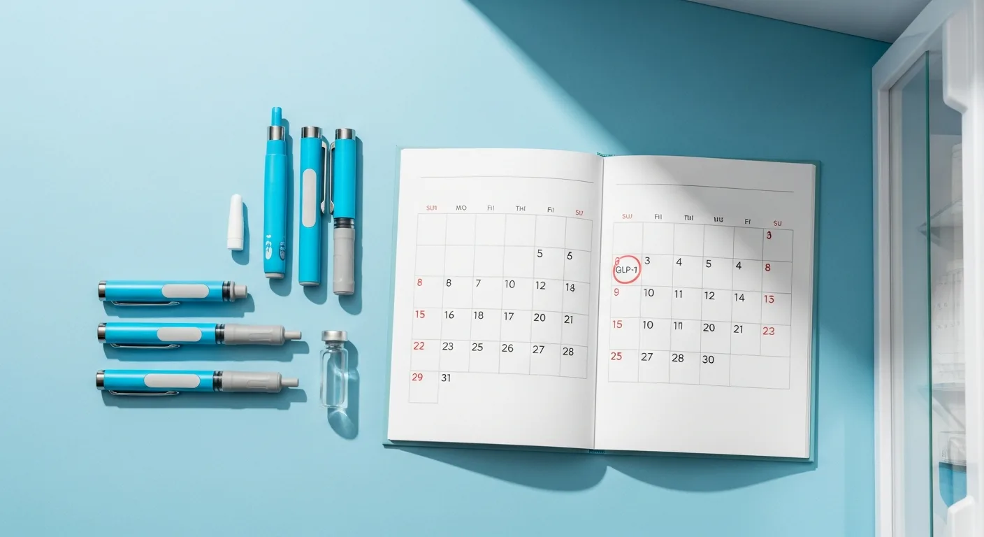 GLP-1 injection pens and a medication vial arranged next to a calendar with a discard date circled