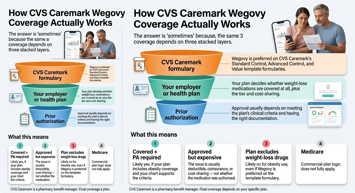 How CVS Caremark Wegovy coverage actually works: three stacked layers \u2014 CVS Caremark formulary (Wegovy preferred), your employer plan (decides benefit and tier), prior authorization (documentation decides approval). Final cost depends on deductible status, coinsurance, and the Wegovy Savings Card.