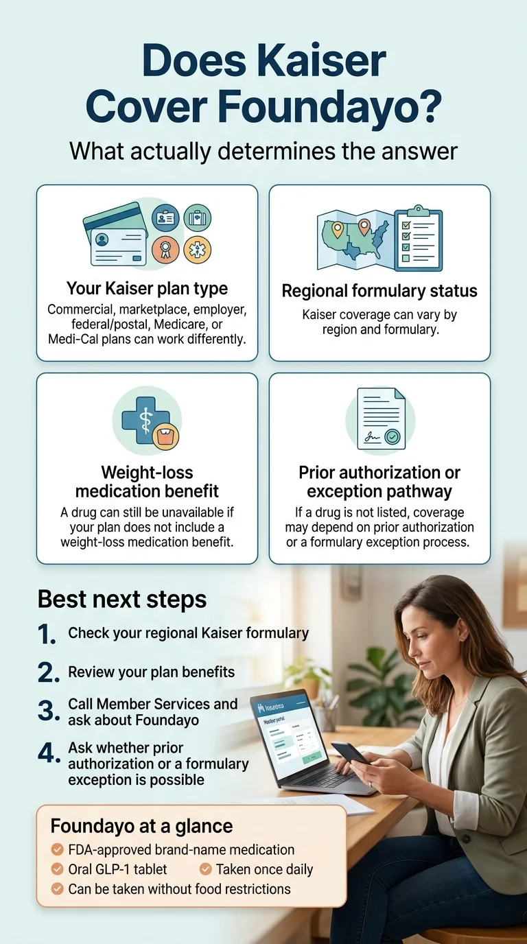 Does Kaiser Cover Foundayo? What actually determines the answer: (1) your Kaiser plan type — commercial, marketplace, employer, federal/postal, Medicare, or Medi-Cal; (2) regional formulary status — Kaiser coverage can vary by region; (3) weight-loss medication benefit — a drug can still be unavailable if your plan excludes the benefit; (4) prior authorization or exception pathway. Best next steps: check your regional Kaiser formulary, review your plan benefits, call Member Services, and ask about prior authorization or formulary exception.
