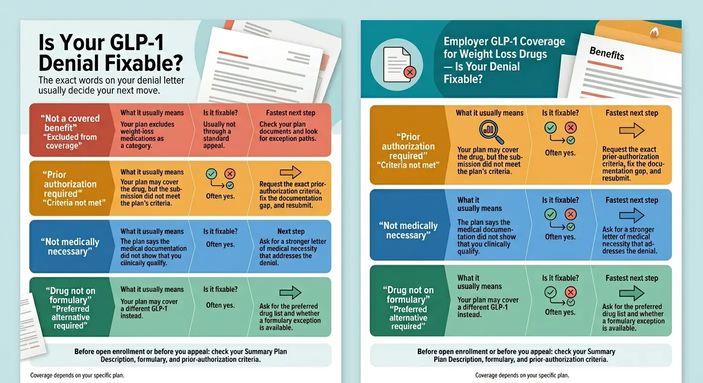 Flowchart showing fixable vs. unfixable Cigna GLP-1 denial scenarios and best next steps