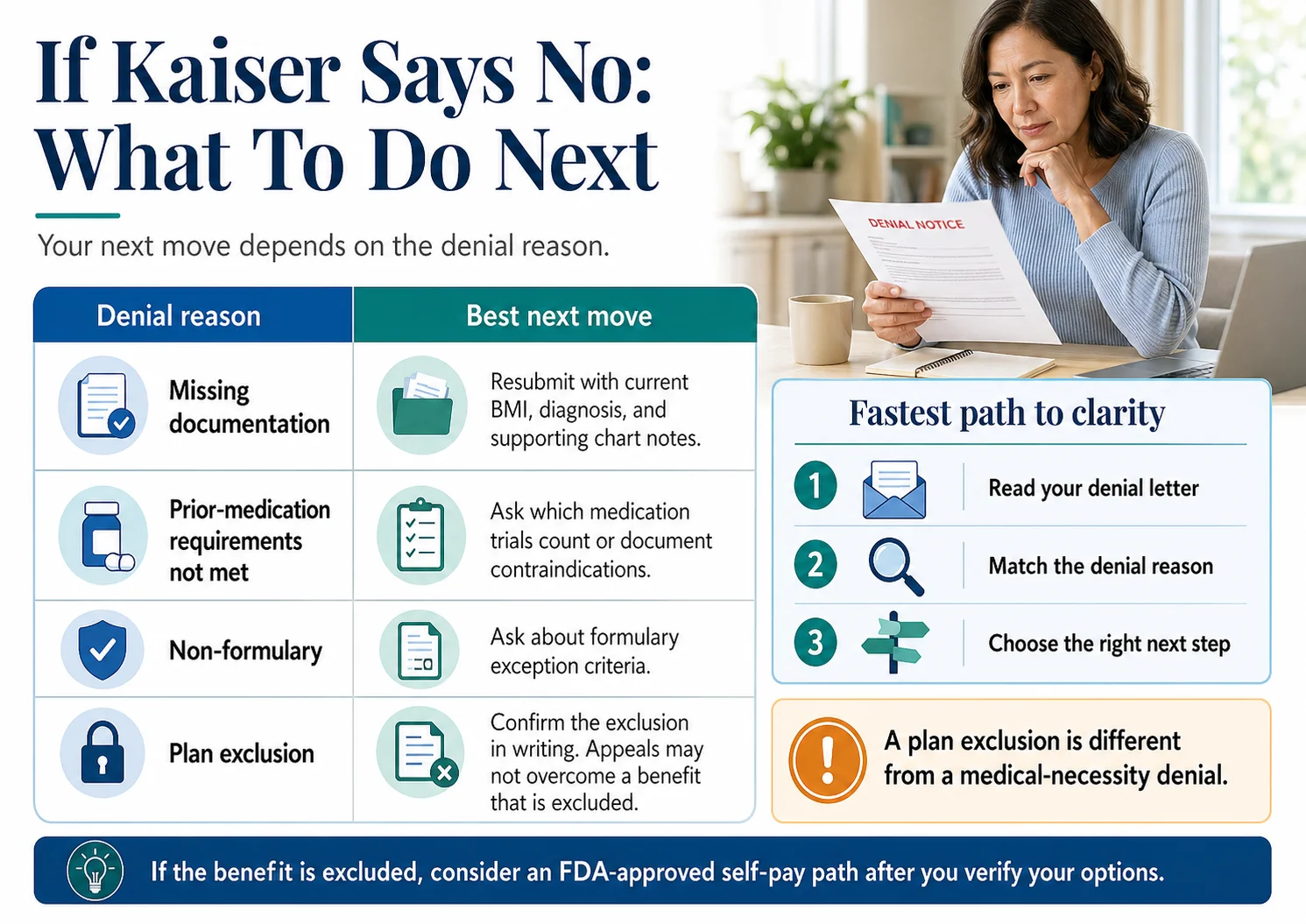 If Kaiser says no — what to do next. Denial reason matrix: missing documentation (resubmit with current BMI), prior medication requirements not met (document contraindications), non-formulary (ask about formulary exception criteria), plan exclusion (confirm in writing; consider FDA-approved self-pay). Fastest path to clarity: read your denial letter, match the denial reason, choose the right next step.