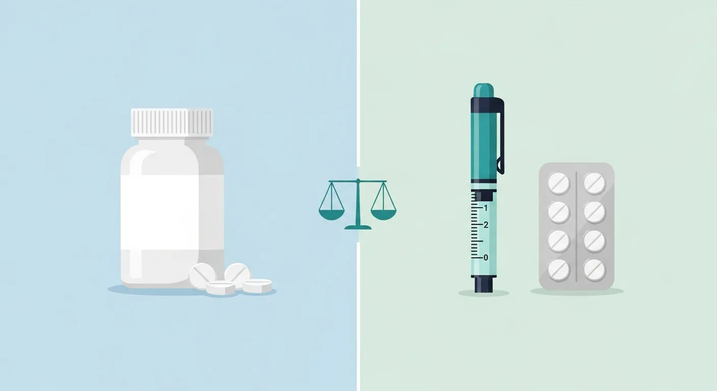 Metformin pills compared side by side with a GLP-1 injection pen and oral tablets - weight-loss medication comparison
