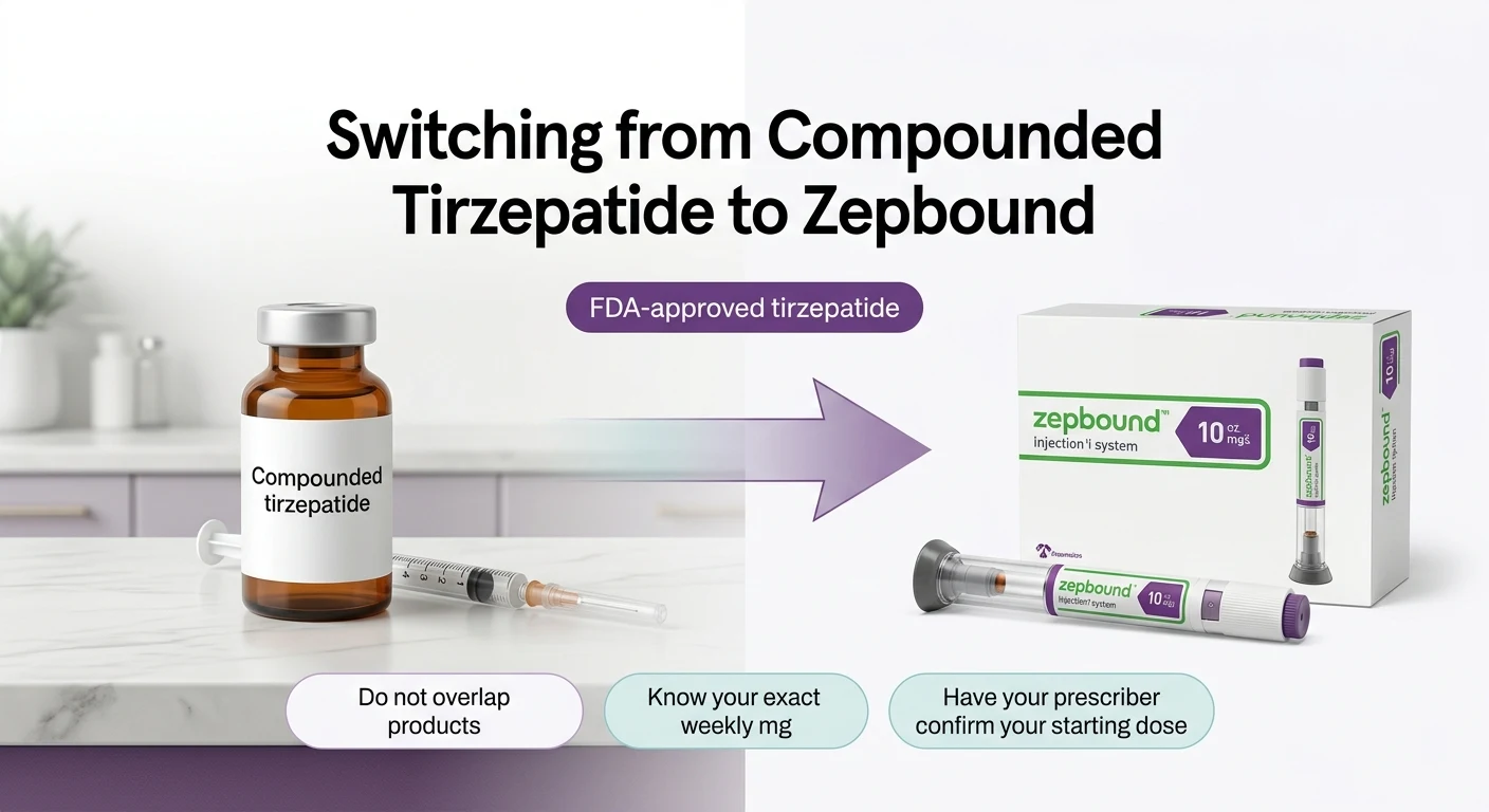 Switching from compounded tirzepatide to FDA-approved Zepbound — do not overlap products, know your exact weekly mg, and have your prescriber confirm your starting dose