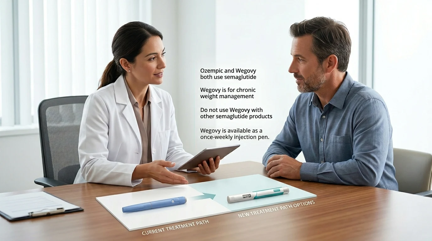 Clinician consulting with patient about switching from Ozempic to Wegovy — reviewing current treatment path and new treatment path options including Wegovy injection pen