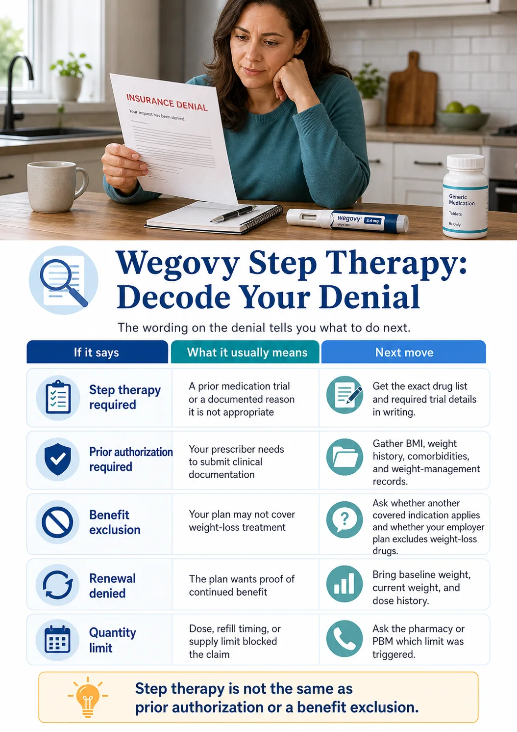 Wegovy Step Therapy: Decode Your Denial — infographic showing what each denial type means (step therapy required, prior authorization required, benefit exclusion, renewal denied, quantity limit) and what to do next