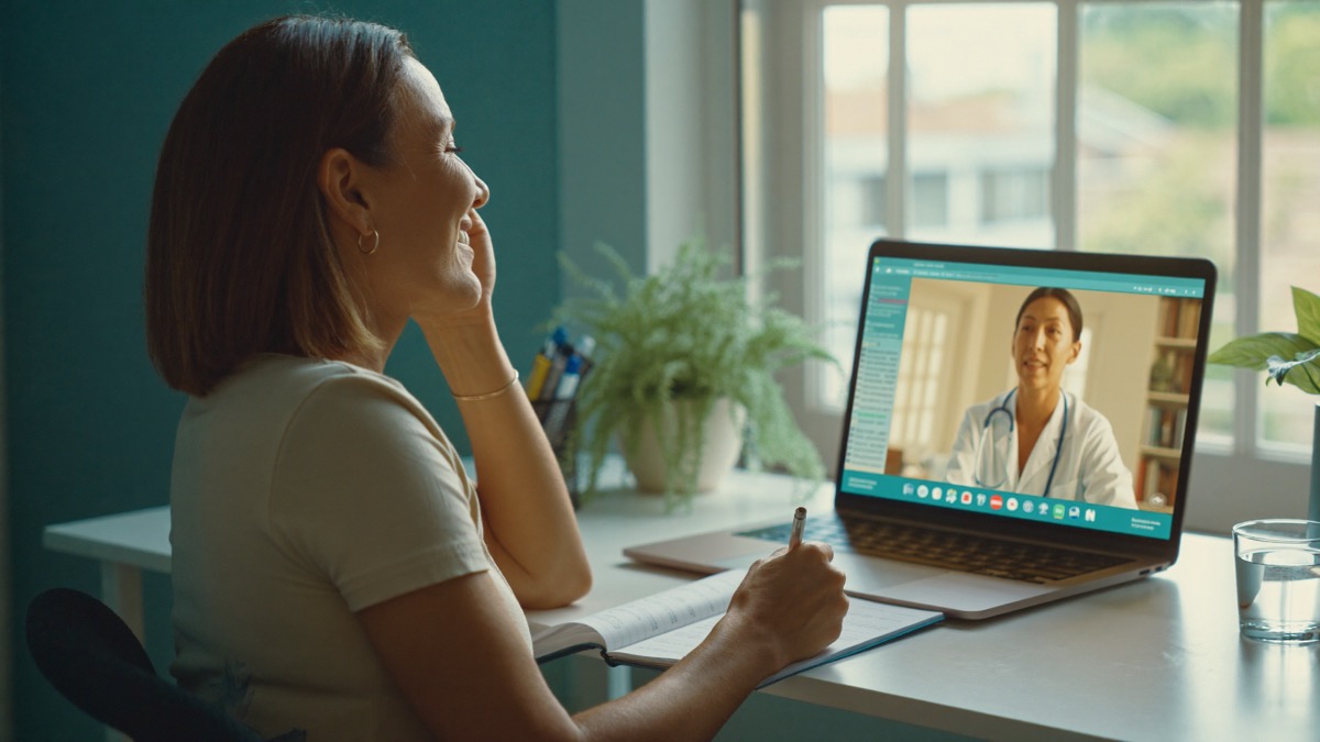 A woman smiling with relief during a telehealth video consultation with a doctor