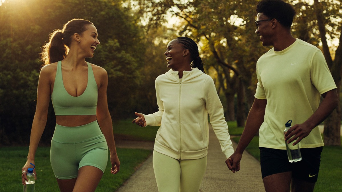 Two friends laughing together on a morning walk along a tree-lined path