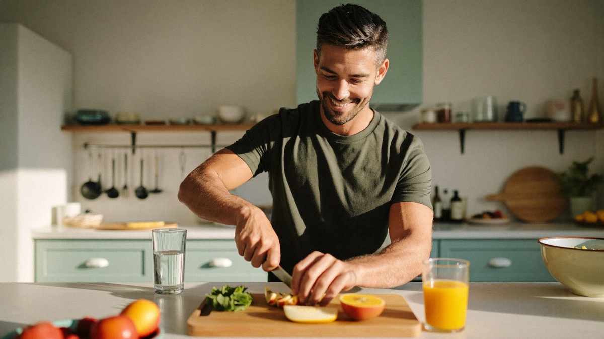 A man smiling while preparing a colorful healthy breakfast in a sunlit kitchen